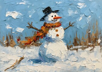 AI generated illustration of an oil painting of a snowman in a wintery landscape