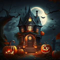 Fototapeta na wymiar Halloween background with haunted house and pumpkins, 