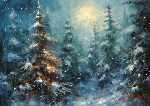 AI generated illustration of a painting of a winter landscape, with snow-covered pine trees