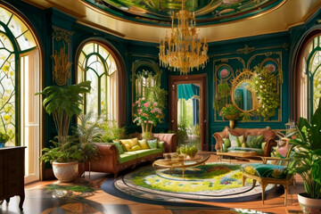 Living room design with maximum greenery and houseplants.