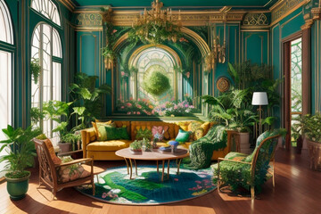 Fototapeta na wymiar Living room design with maximum greenery and houseplants.