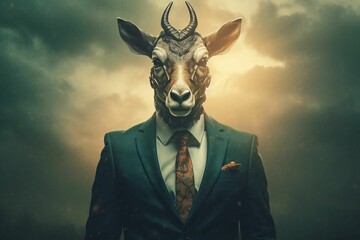 AI generated illustration of A white-horned creature is dressed in a modern business suit