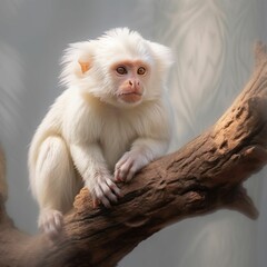 AI generated illustration of a white Macaca perched atop a wooden tree branch