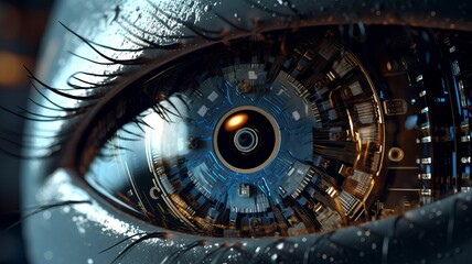 AI generated illustration of a closeup of an eye with a robotic iris