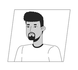 Handsome adult hispanic man with black beard black white cartoon avatar icon. Editable 2D character user portrait, linear flat illustration. Vector face profile. Outline person head and shoulders