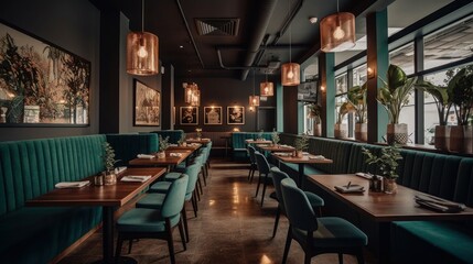 European Dining Experience: Exploring Urban Charm in a Stylish Café Setting with Exquisite Furniture and Scenic Terrace Views, generative AIAI Generated - obrazy, fototapety, plakaty