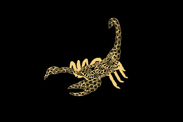 Zentangle art for Scorpio with gold color isolated on dark black background - vector illustration