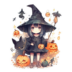vector halloween girl with pumpkins. a witch with hat . a magician girl with broom and jack o lantern vector illustration on white background.