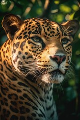 Closeup of a majestic jaguar's face in a jungle landscape, AI-generated.