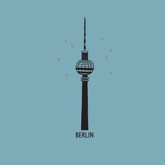 Image of Berlin TV tower city symbol vector illustration. German architecture and inscription Berlin with hearts. Design element for postcard, print, template, logo, t-shirt print, souvenirs, label. Hand drawn printed on Printed Glass Splashbacks