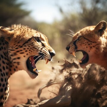 Two cheetahs in a threatening stance, baring their teeth and snarling, AI-generated.