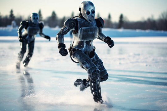 Metal humanoid robots skate on an icy surface in a chilly winter environment