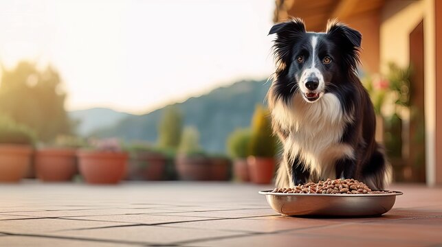 AI generated illustration of a border collie eating croquettes