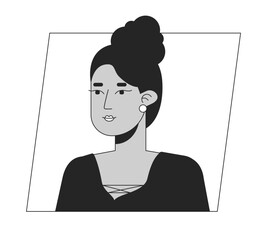 Attractive indian woman with bun hairstyle black white cartoon avatar icon. Editable 2D character user portrait, linear flat illustration. Vector face profile. Outline person head and shoulders