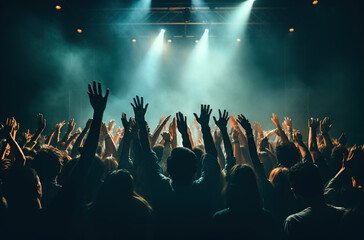 view of crowd of excited people having fun in front of stage on music concert Generative AI
