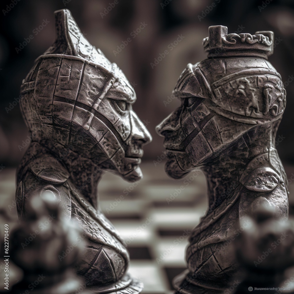 Poster ai generated illustration of a chess board with two statues placed in opposition to one another