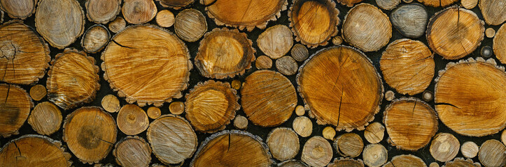 Log texture, wide format, banner. Wooden background from firewood.