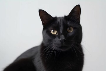AI generated illustration of a portrait of a black domestic cat on a white background