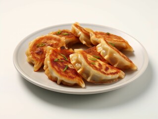 AI generated illustration of a plate of delicious Chinese pork and chive dumplings on the table