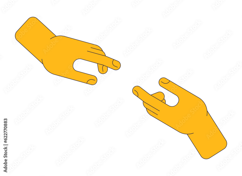 Poster human hands reaching towards each other flat line color isolated vector object. editable clip art im