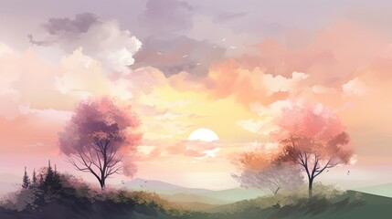watercolor painting of a beautiful sunset with clouds and trees