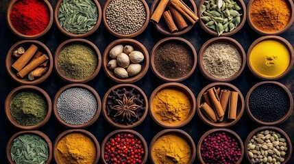 AI generated illustration of a variety of colorful spices arranged in separate bowls
