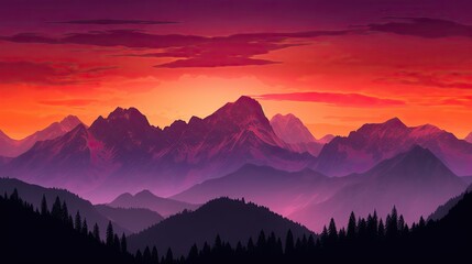 silhouetted mountains at dusk illustration with red, purple and orange colors