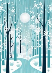 AI generated illustration of a snowy village with urban buildings and forest trees