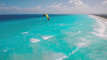 aerial view of a coastline with turquoise waters crashing onto the sandy beach and a paragliding