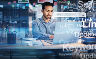 Businessman, laptop and search engine for information hologram, SEO graphic and iot research....