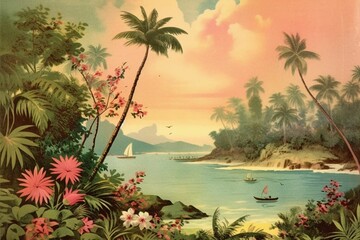 Vintage postcard image of a tropical scene with palm trees and a small boats, AI-generated