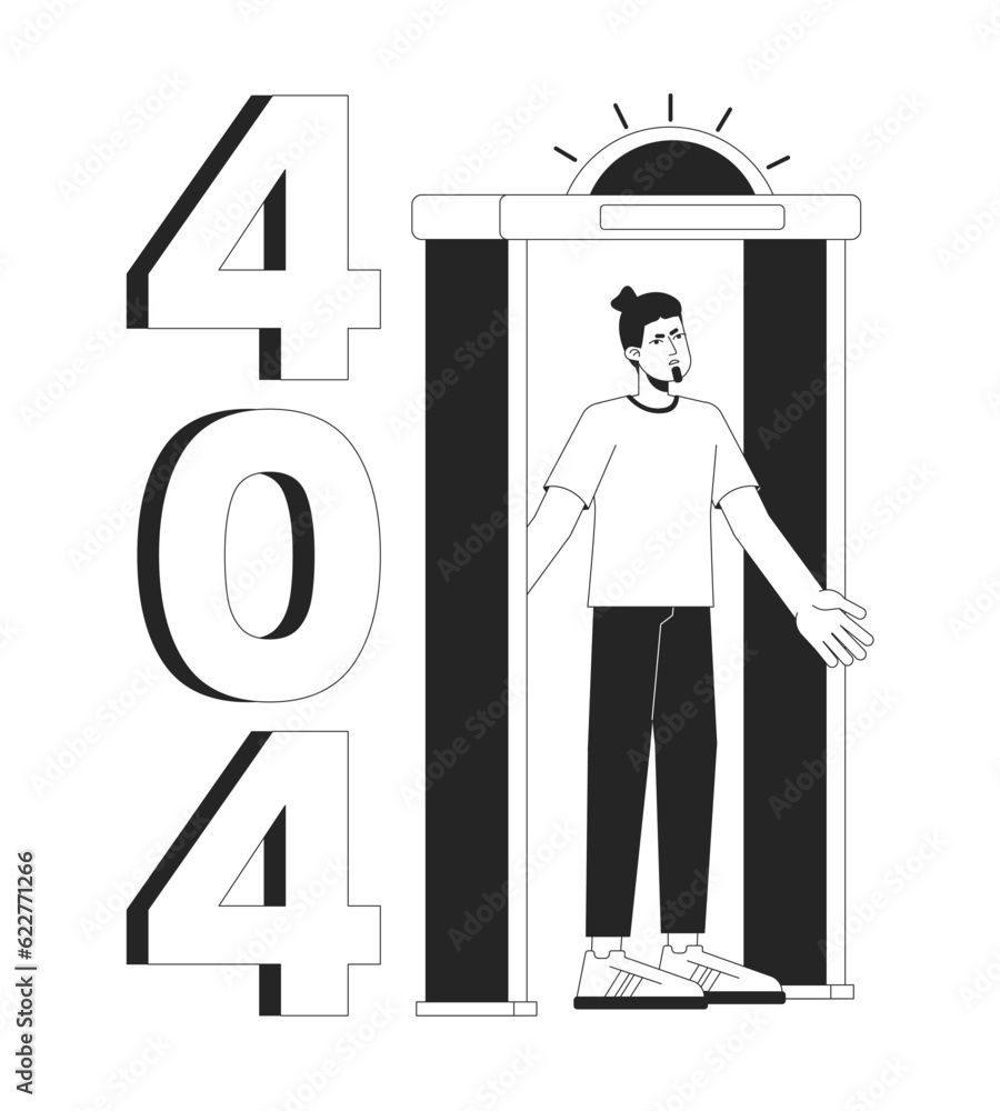 Poster metal detector go off at airport black white error 404 flash message. man in security gate. monochro