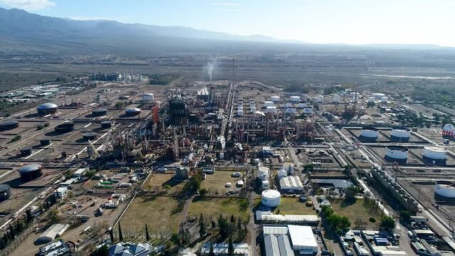Lujan de Cuyo, Argentina, June 28, 2019: Aerial view oil refinery, refinery plant, refinery factory