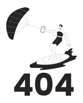 Kitesurfing black white error 404 flash message. Surfer with kite stands on board. Monochrome empty state ui design. Page not found popup cartoon image. Water sports. Vector flat outline illustration