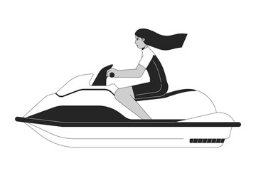 Naklejka premium Swimwear arab young woman riding jet ski flat line black white vector character. Editable outline full body person. Extreme water sport simple cartoon isolated spot illustration for web graphic design