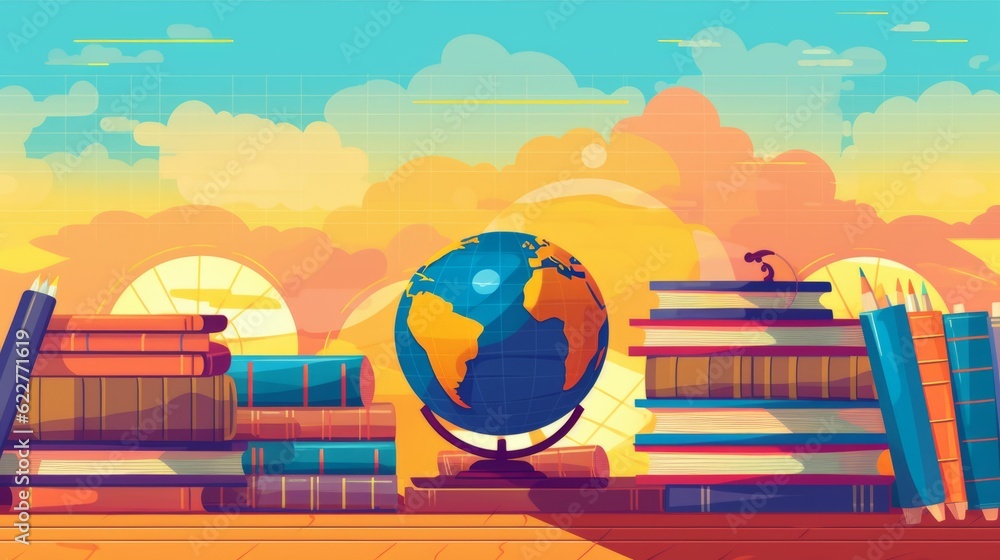 Poster a pile of books with books stacked on top and a globe above them