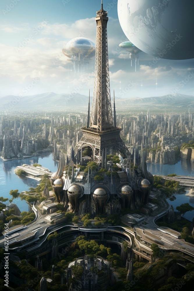 Wall mural a futuristic city that is surrounded by an alien planet, the eiffel tower