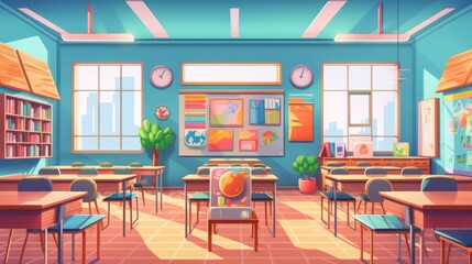 a cartoon classroom with desks and many bookshelves