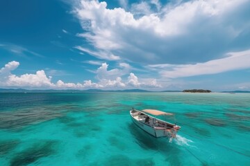 Fototapeta na wymiar Boat in turquoise ocean water against blue sky with white clouds and tropical island. Ai generative.