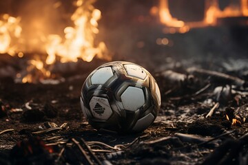 soccer ball in burnt area surrounded by grass and fire burning around it