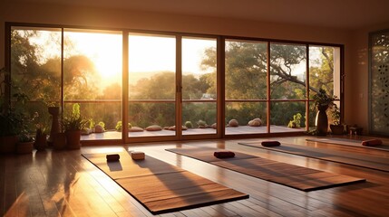 AI generated illustration of a tranquil yoga studio with a variety of potted plants