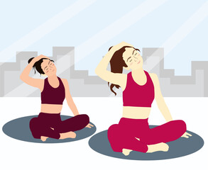 girls exercise by tilting head in meditation fitness illustration