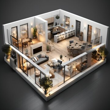 AI generated illustration of an open floor plan apartment living area, featuring a living room