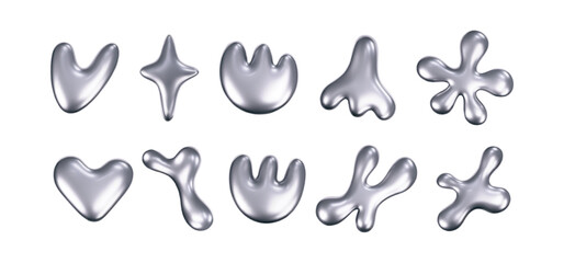 Chrome liquid 3d shapes in y2k style isolated on a white background. Render of 3d metal silver star, flower, heart and melt fluid form in aesthetic futuristic style. 3d vector y2k illustration.