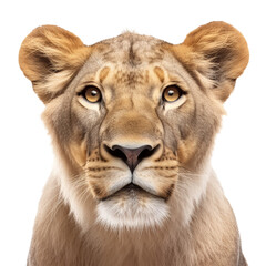 female lion face shot, isolated on transparent background cutout, generative ai