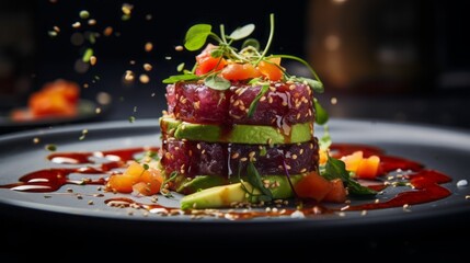 AI-generated illustration of a red tuna tartare with avocado and sesame vinaigrett