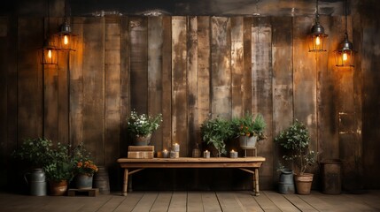 Fototapeta na wymiar Table with multiple potted plants in front of a wooden wall illuminated by lanterns. AI-generated.