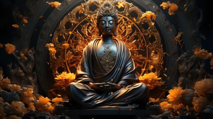 AI generated illustration of a serene Buddha statue in a room filled with lush gold flowers