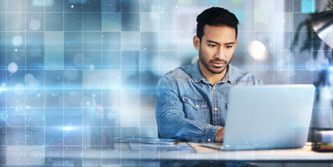 Business man, laptop and hologram for research, startup office and thinking for web design, mockup...