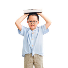 asian happy boy hold a book on his head with isolated white background